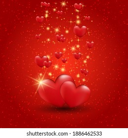 Valentine's Day red blurred vector background with hearts and light effects