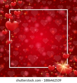 Valentine's Day red blurred vector background with hearts and light effects