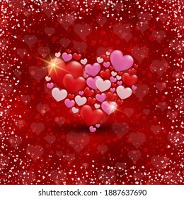 Valentine's Day red blurred vector background with hearts and light effects