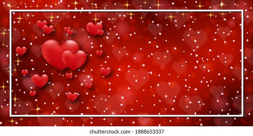 Valentine's Day red blurred vector background with hearts and light effects