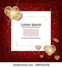 Valentine's Day red blurred vector background with golden hearts and light effects