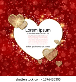 Valentine's Day red blurred vector background with golden hearts and light effects