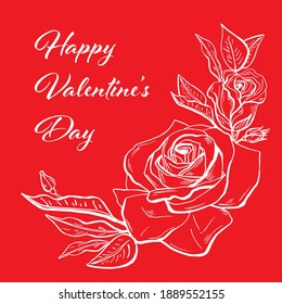 Tarjeta roja de San Valentín. Diseño con rosas vectoriales blancas. Ilustración de esbozo dibujada a mano.