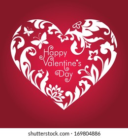 Valentine's day red card with greeting text, white floral cut heart shape, editable vector design
