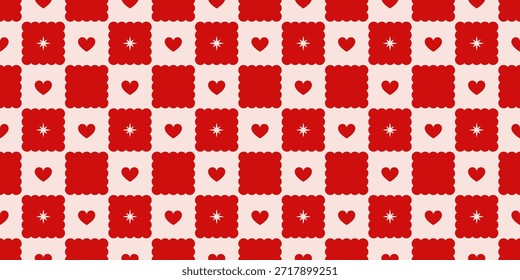 Valentinstag rot kariertes nahtloses Muster mit Stern und Herzen. Wave Rhombus mit Spitze. Wiederholungsdruck zum Verpacken von Papier und Textilien. Liebe und romantische Tapete. Vektorgrafik-Hintergrund