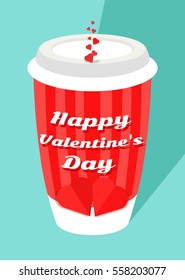 Valentine's Day red coffee Mug with a big red heart and stripes / aqua blue background, date over coffee