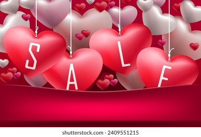 Valentinstag, Rote Komposition mit hellem Herzen verschiedener Schattierungen, Textverkauf und Tasche, Postkarte.