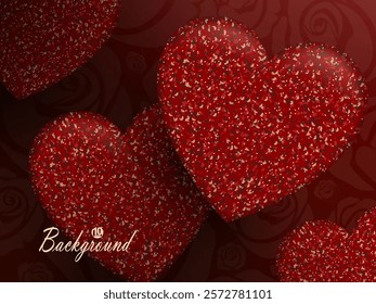 Valentine's Day. Red composition with gradient, silhouettes of textured hearts.