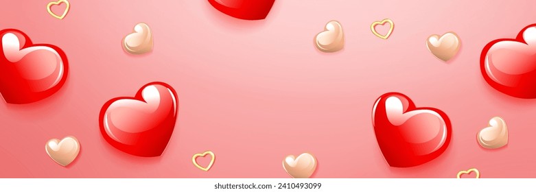 Día de San Valentín, composición roja con un conjunto de corazones brillantes multicolores.