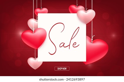 Valentine's Day, red composition with a square frame and hearts on pendants.