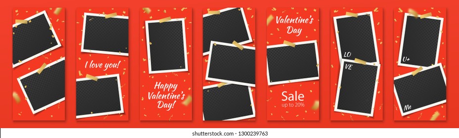 Valentine's Day Red Editable Social Network Stories Template Set with Photo Frames and Confetti, Color Stickers for Sale, Flyers, Banners with text: I love you, U & Me, Sale, Happy Valentine's Day.