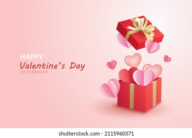 Valentine's day with red gifts boxes and a lot of hearts on pink background.