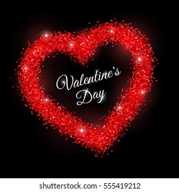 Valentine's Day with red glitter frame on black background. Vector