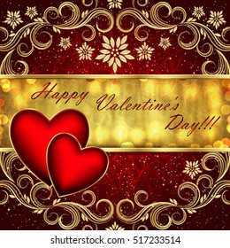 Valentine's day red golden background with hearts and flowers.