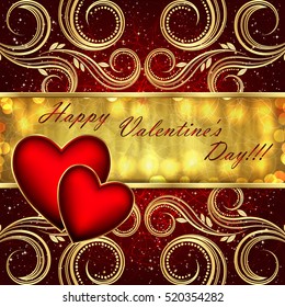 Valentine's day red golden background with hearts and flowers.