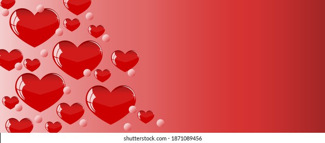 Valentines day red gradient background with decoration of hearts in glass style and pink dots, with space for any text. Design for banner, postcard, pack paper. Love symbol. Vector graphik. - Shutterstock ID 1871089456