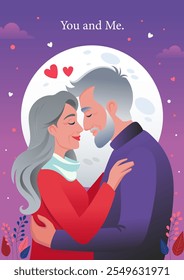 Valentine's day red greeting card. A senior couple in love hugs, smiles and about to kiss. February 14. Cute illustration with elderly man and woman in romantic relationships, hearts, flowers