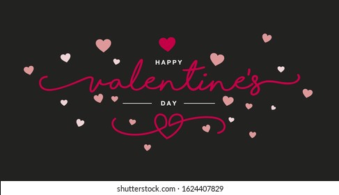 Valentine's Day red handwritten typography with pink hearts isolated black background