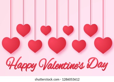 Valentines day , Red hanging heart with lettering , paper art style