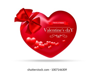 Valentine's day, red heart with red bow on white background