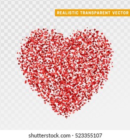 Valentines day red heart design element from particles small hearts. Feast day of St. Valentine. Realistic transparency vector