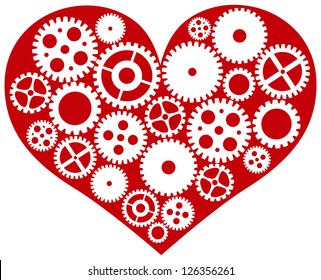 Valentines Day Red Heart with Mechanical Gears Isolated on White Background Illustration Vector