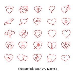 Valentine's day. Red heart outline icons set on white background.