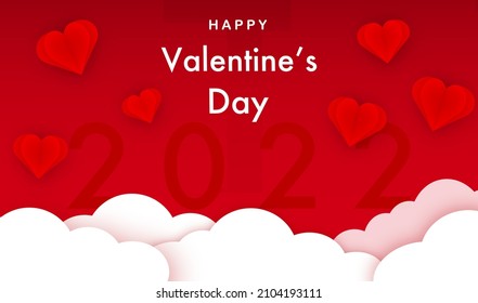 Valentine's day, Red heart paper floating in the sky with paper cloud background, love concept