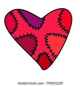 Valentines Day. Red heart sewn. Stitches. Festive illustration.