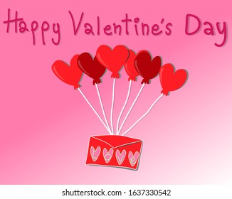Valentines day red heart shaped balloon. Pink card illustration.Love letter gift.