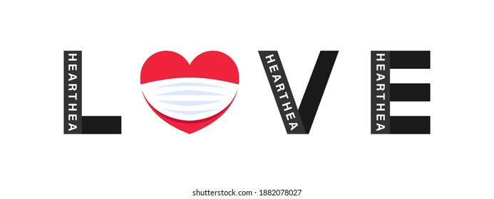 Valentine's day, red heart, with the word love on white background. Trendy design. Vector illustration