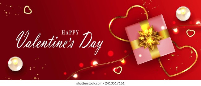 Valentine's day, red illustration with gift box and gold glittering hearts, scented candles.