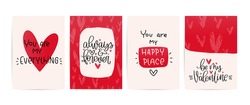 Valentines Day Red And Off-white Greeting Card Vector Set With Modern Calligraphy Love Messages. You Are My Happy Place, Always And Forever, Be My Valentine. Vector Card Designs With Hand Drawn Hearts
