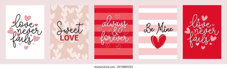 Valentines day red and off-white greeting card vector set with modern calligraphy love messages. love never fails, always and forever, be mine, sweet love.