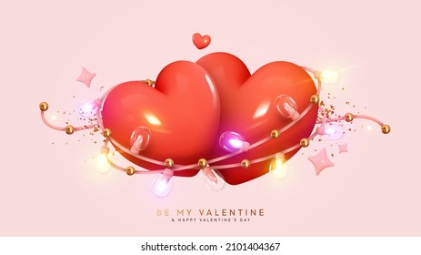 Valentine's Day. Red pair of hearts. Realistic 3d design, two hearts with bright light decorative garlands and golden confetti. Romantic background, creative banner, web poster. vector illustration