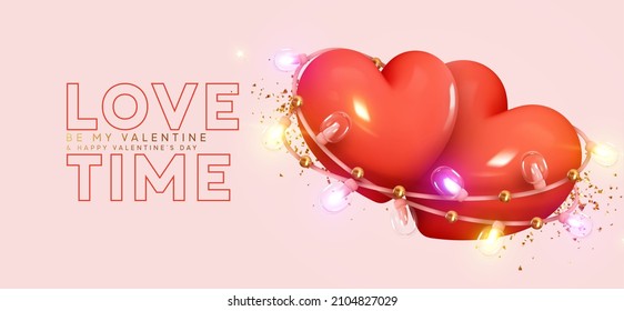 Valentine's Day. Red pair of hearts. Realistic 3d design, two hearts with bright light decorative garlands and golden confetti. Romantic background, creative banner, web poster. vector illustration