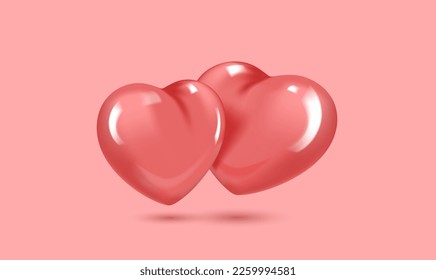 Valentine's Day. Red pair of hearts. Realistic 3d design, two hearts. Romantic background, creative banner, web poster. vector illustration