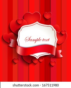 Valentine's day red paper background with hearts and vintage frame and ribbon for text in paper style