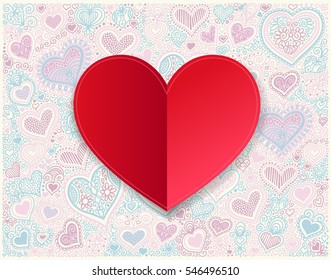 Valentines day red paper hand drawing on heart shape background, vector illustration