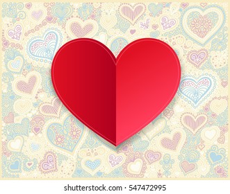 Valentines day red paper hand drawing on heart shape background, vector illustration