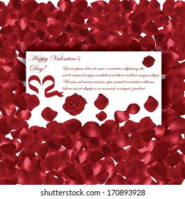 Valentines Day red petals background with messgae card