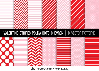 Valentine's Day Red and Pink Polka Dots, Chevron and Diagonal and Horizontal Stripes Vector Patterns.  Modern Minimal Backgrounds. Various Size Spots and Lines. Pattern Tile Swatches Included.
