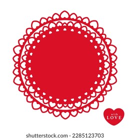 Valentine's day red placemat or napkin laser cut design and With love gift tag set. Circle with heart border cutout shape for romantic holiday product merchandising, home decoration goods. 