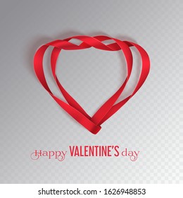 Valentine's Day red ribbon in two heart shape on a transparent background. Greeting card with photo-realistic bow with shadow. Vector illustration.
