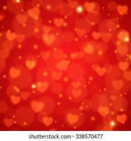 valentines day red romantic background with bokeh hearts. Vector illustration