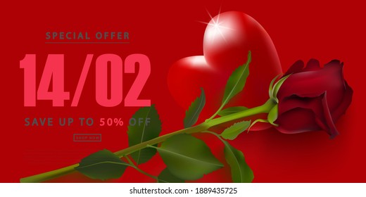 Valentine's Day with a red rose and a red heart.Template for advertising, discounts,social networks.Poster, postcard, flyer.Vector illustration.