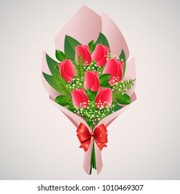Valentine`s day Red roses bouquet isolated on white background. Vector illustration.