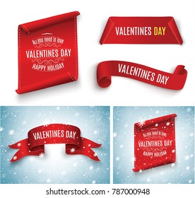 Valentine's Day. Red scroll. A set of banners. Against the background of snow. For advertising and congratulations.