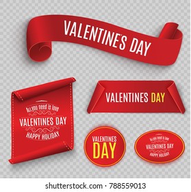 Valentine's Day. Red scroll. A set of banners. Curled paper. For advertising.Glossy vector ribbons on a transparent background for your design project.