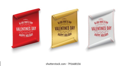 
Valentine's Day. Red scrolling. A set of banners. Twisted paper. For advertising. Striped, gold and red ribbon on white background for congratulations for February.